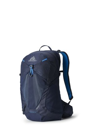 Dunkelblauer Gregory-Wanderrucksack mit gepolsterten Schultergurten, Frontschnalle und kleinem oberen Griff, dargestellt stehend auf weißem Hintergrund.