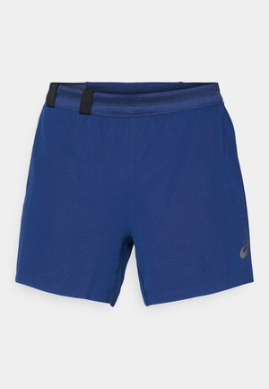 Shorts de sport bleus en tissu texturé, avec une taille élastique avec un accent noir et un logo sur la jambe inférieure droite.
