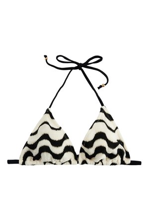 Haut de bikini triangle noir et blanc avec motif ondulé, lien noué autour du cou et sangle dans le dos, avec petits accents de perles dorées sur les liens.