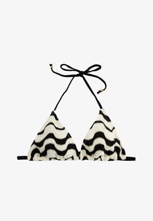 Haut de bikini triangle noir et blanc avec motif ondulé, lien noué autour du cou et sangle dans le dos, avec petits accents de perles dorées sur les liens.