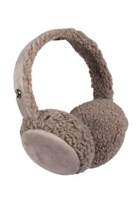 Cuffie auricolari in pile marrone con un headband imbottito e padiglioni molto morbidi, caratterizzate da una texture liscia e morbida e superfici esterne rotonde e solide.