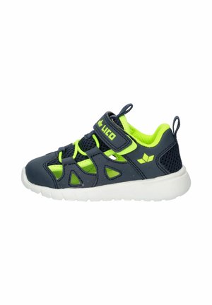 Navy and neon green children's sandal with white sole, mesh panels, adjustable Velcro strap, and pull tabs on heel and tongue.