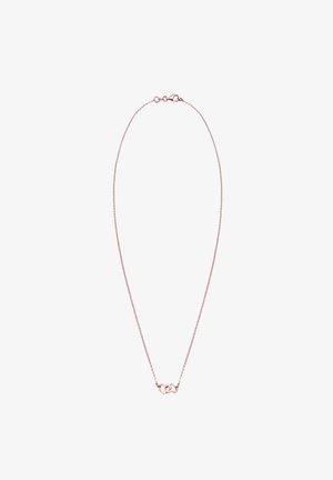 Halskette aus Roségold mit zarter Textur, die im Mittelpunkt ein einfaches, ineinander verschlungenes Herzdesign und einen Karabinerverschluss aufweist.