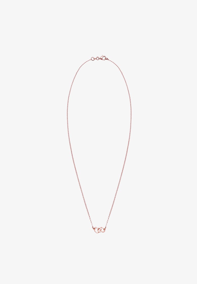 Rosenfarvet kæde med en delikat tekstur, der har et enkelt, sammenfiltret hjerte design i midten og en klipslås lukning.