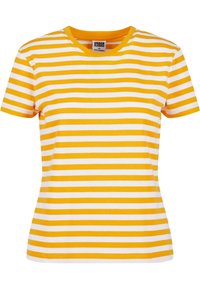 Yellow and white striped short-sleeve T-shirt with a round neckline, made of cotton material, featuring a fitted cut and soft texture.