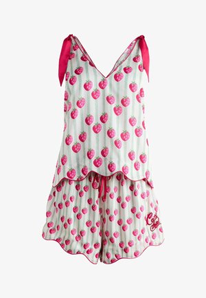 Hvidt pyjamasæt med pink jordbærmønster, bølgekant, ærmeløs top med skuldersnører og shorts med snøre i taljen.