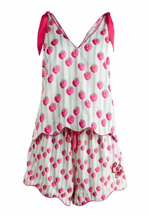 Weißes Pyjama-Set mit pinkem Erdbeermuster, gewellten Kanten, ärmellosem Oberteil mit Schulterbändern und Shorts mit Kordelzug in der Taille.