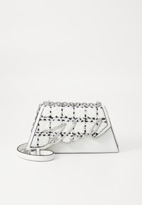 White handbag featuring a textured tweed design with black check patterns, silver chain hardware, and a signature "Karl" accent.