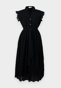 Melns midi kleita ar apkakles dekoltē, īsām volānveida piedurknēm, pogu aizdari un sasietu jostu. Iekļautas izšūtas ziedu detaļas.