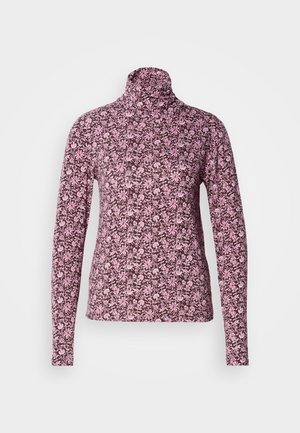 Top de cuello alto de manga larga en marrón con un patrón floral en rosa, que presenta un diseño ajustado y una tela suave y texturada.
