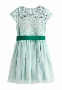Mėtų žalia suknelė su siuvinėjimo blizgučiais krūtinėje, trumpomis rankovėmis, ir žaliu aksomo diržu, su sluoksniuotu tiulio sijonu.
