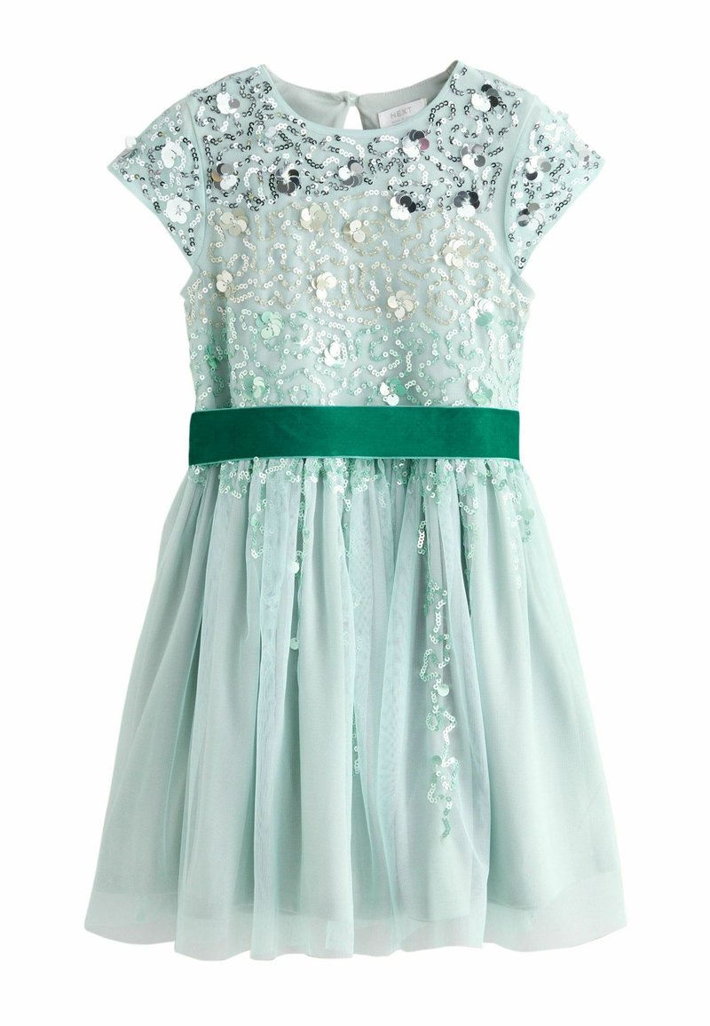 Mėtų žalia suknelė su siuvinėjimo blizgučiais krūtinėje, trumpomis rankovėmis, ir žaliu aksomo diržu, su sluoksniuotu tiulio sijonu.