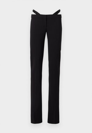 Black straight-leg pants with a slim fit and sparkly black suspenders attached to the waistband against a white background.
