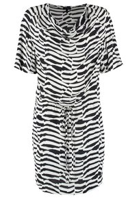 Robe col bénitier en noir et blanc avec un motif zébré, manches courtes et taille ajustable grâce à un cordon. Tissu doux et drapé.