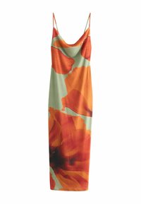 Satinruckkleid mit floralem Muster, das große orange und rote Mohnblumen auf einem hellgrünen Hintergrund zeigt. Mit Spaghetti-Trägern und tailliertem Design.