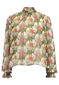 Blumenbluse aus leichtem, transparentem Stoff. Mit hohem Kragen, lockerer Passform, langen Ärmeln mit gerafften Manschetten und mehrfarbigem Blumenmuster.