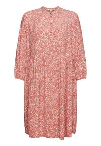 Korálové midi šaty s bílým vzorem rozptýlených puntíků, dlouhými rukávy, kulatým výstřihem a zapínáním na knoflíky vpředu.