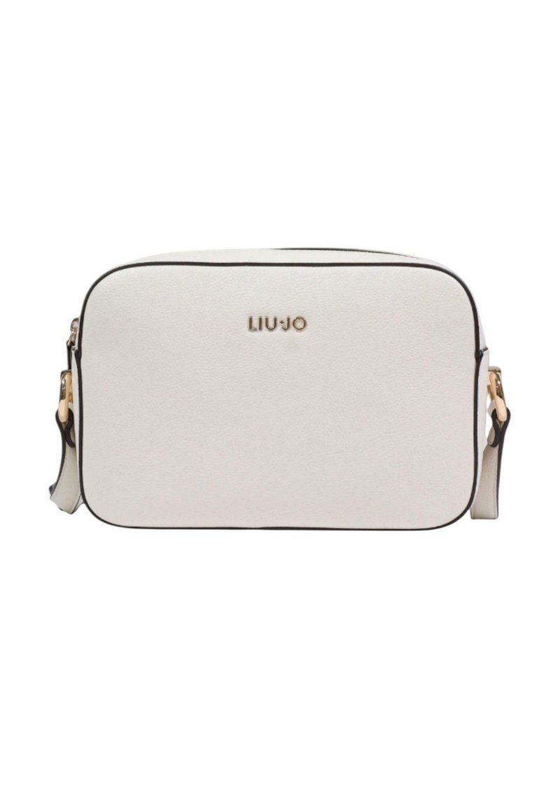 Borsa a tracolla rettangolare bianca con rifiniture nere e logo dorato "LIU·JO". Materiale dalla texture morbida e tracolla regolabile.