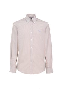 Camisa de manga larga a rayas de tela rosa claro con cuello abotonado. Presenta un pequeño logo azul en el pecho y una abertura con botones estándar.