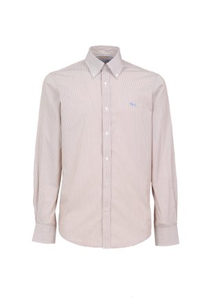 Camicia a maniche lunghe a righe in tessuto rosa chiaro con colletto a bottoni. Presenta un piccolo logo blu sul petto e una classica chiusura a bottoni.