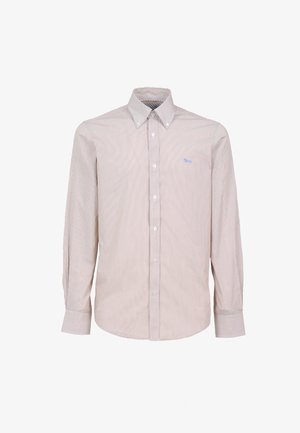 Camicia a maniche lunghe a righe in tessuto rosa chiaro con colletto a bottoni. Presenta un piccolo logo blu sul petto e una classica chiusura a bottoni.