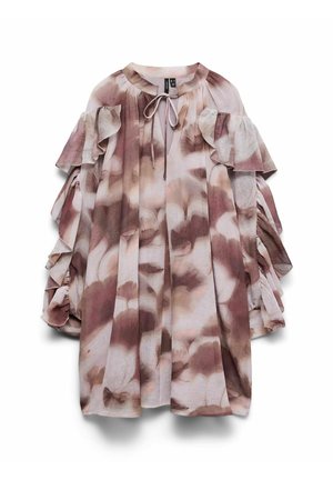 Fließendes Kleid mit gerafften, schulterfreien Ärmeln, Schnürung am Ausschnitt und weichem rosa-braunem abstraktem Blumenmuster.