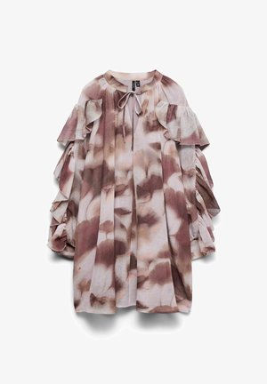 Fließendes Kleid mit gerafften, schulterfreien Ärmeln, Schnürung am Ausschnitt und weichem rosa-braunem abstraktem Blumenmuster.