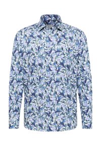 Camicia a maniche lunghe con sfondo bianco e motivo floreale in tonalità di blu, verde e blu scuro. Colletto classico e chiusura con bottoni.