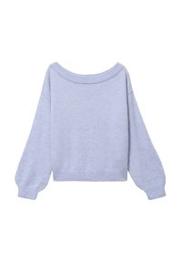 Pull bleu clair avec un décolleté asymétrique, de longues manches bouffantes et un ourlet côtelé. Fabriqué à partir d'un tissu doux et texturé.