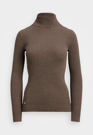 Maglione a collo alto marrone a coste con maniche lunghe e design aderente. Presenta un logo discreto vicino all'orlo. Texture morbida, spessore medio.