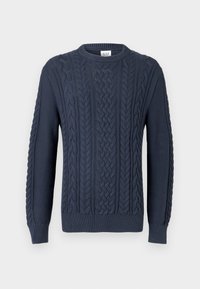 Granatowy sweter w splot warkoczowy z okrągłym dekoltem, ściągaczami na mankietach i dole, z fakturowanym wzorem i tkanym designem.