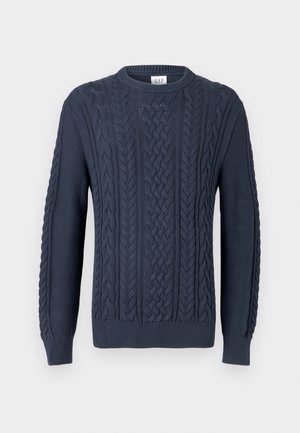 Marineblauwe kabelgebreide trui met een ronde hals, geribde manchetten en zoom, voorzien van een gestructureerd patroon en geweven ontwerp.