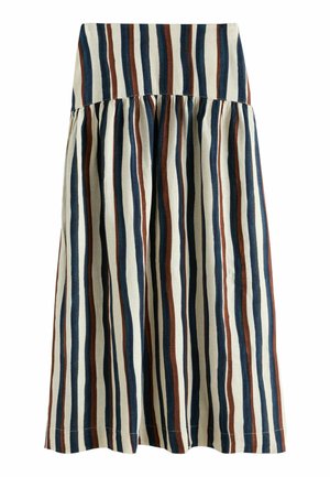 Rock mit hohem Bund und vertikalen Streifen in Marineblau, Braun und Cremeweiß, mit einer gerafften Naht unter dem Bund.