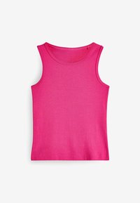 Helles pinkes ärmelloses Tanktop aus weicher Stoffqualität. Verfügt über einen runden Halsausschnitt und eine taillierte Form. Glatte Textur ohne zusätzliche Muster.