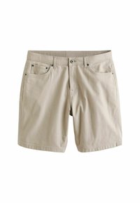 Beige színű pamut rövidnadrág egyenes szabással, két elülső zsebbel, egy hátsó zsebbel és fém díszítéssel a zsebek nyílásainál.