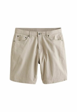 Shorts en coton beige à coupe droite, comprenant deux poches avant, une poche arrière unique et des accents en métal aux ouvertures des poches.