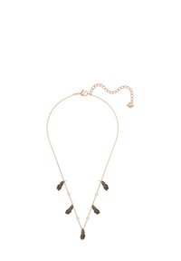 Halskette aus roségoldener Kette mit fünf schwarzen Federanhängern und vier kleinen runden weißen Steinen, verstellbarer Verschluss mit Verlängerungskette.