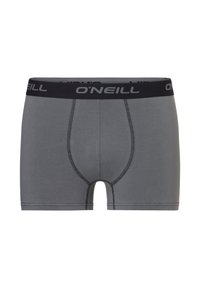 Grijze boxershorts van een gladde stof. Bevat een zwarte elastische tailleband met logo, contrasterende stiksels en een aansluitend ontwerp.