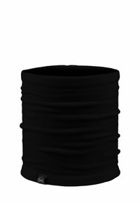 Gaiter tubular negro hecho de tela suave, con una textura recogida y una pequeña etiqueta de la marca en la parte inferior.