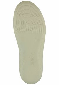 Semelle intérieure de chaussure beige avec une surface texturée, présentant des rainures courbées pour l'adhérence et le soutien. Les marquages incluent l'indication de la taille et le logo.