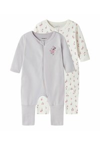 Kaks pikkade varrukatega bodysuiti: üks helelilla lillepäraste tikanditega, teine valge roosade lillemustriga, mõlemad pehmest kangast.