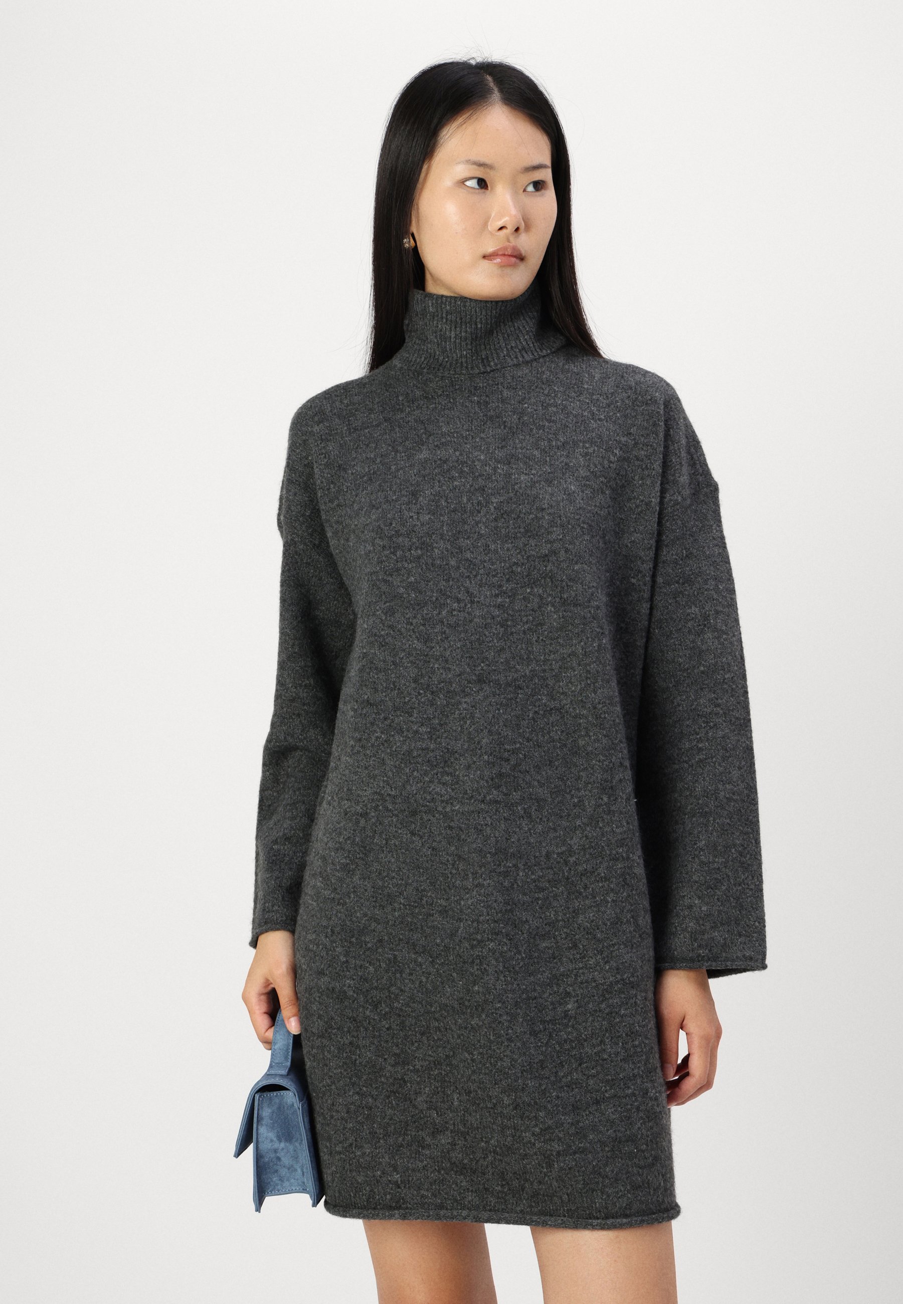 Leather Trimmed Wool Jumper Dress グレー Aware VMGEMMA ROLL NECK DRESS - Jumper dress - dark grey/mottled