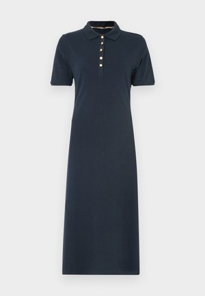 Navy polo dress with short sleeves, featuring a collar and five gold buttons down the front. Smooth cotton fabric, knee-length design.