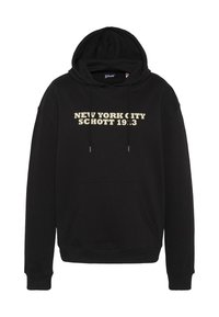 Felpa nera con cappuccio in cotone con tasca frontale a marsupio. Presenta un cappuccio con coulisse e una scritta audace color crema: "NEW YORK CITY SCHOTT 1913."
