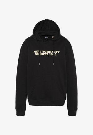 Felpa nera con cappuccio in cotone con tasca frontale a marsupio. Presenta un cappuccio con coulisse e una scritta audace color crema: "NEW YORK CITY SCHOTT 1913."