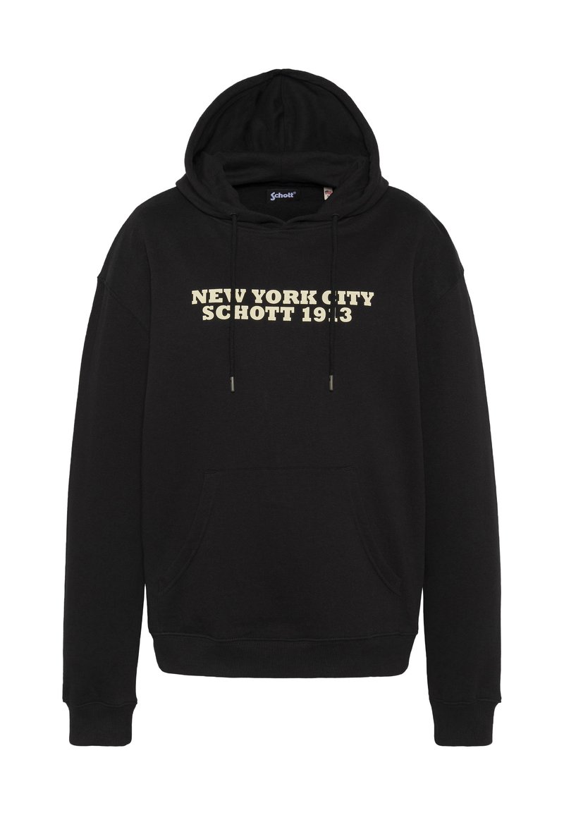 Felpa nera con cappuccio in cotone con tasca frontale a marsupio. Presenta un cappuccio con coulisse e una scritta audace color crema: "NEW YORK CITY SCHOTT 1913."