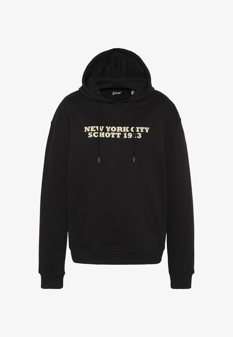 Felpa nera con cappuccio in cotone con tasca frontale a marsupio. Presenta un cappuccio con coulisse e una scritta audace color crema: "NEW YORK CITY SCHOTT 1913."