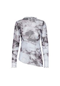 Långärmad, genomskinlig topp i ett marmormönster med grå och vita nyanser. Har en scalloped (vågig) halsringning och en asymmetrisk sidsöm.