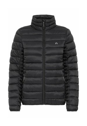 Fekete puffdzseki magas gallérral, cipzáras záródással és steppelt mintázattal. Két oldalsó zsebe van és logó található a mellkasán.