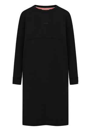 Black long-sleeve dress made of soft fabric, featuring a rounded neckline, a horizontal seam detail, and subtle branding on the front.